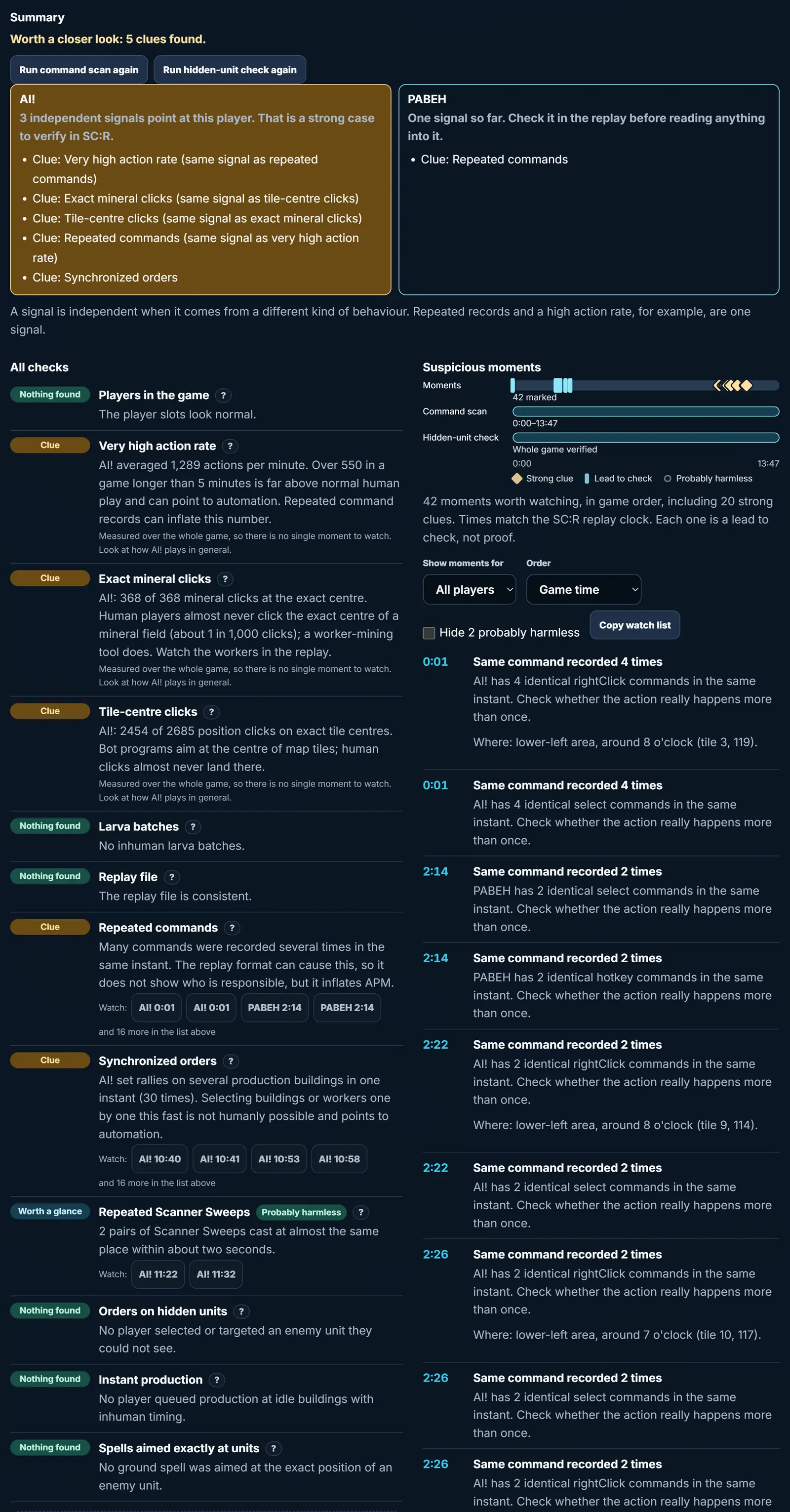 Integrity review for the bot game: worth a closer look, 5 clues found. AI! has three independent signals and PABEH one. Each check is labelled Clue, Worth a glance or Nothing found, with Watch buttons for the times to check, next to a timeline of 42 suspicious moments